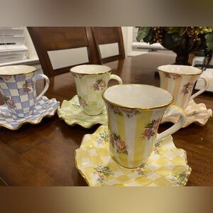 Mackenzie and Childs Floral Checkered Mug and Saucer Set